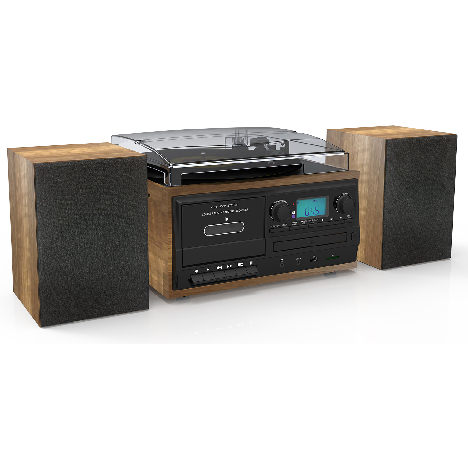 Boytone BT-58W Bluetooth Record Player Turntable with CD Player, Convert LP Vinyl, CD to MP3 Player, Cassette, AM/FM Radio, Aux, USB/SD Encoding, Remote Control, Audio Music Player Built in Amplifier
